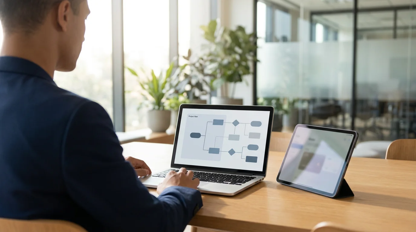 Over-the-shoulder photograph of a professional using a laptop and tablet in a bright, modern hybrid workspace.