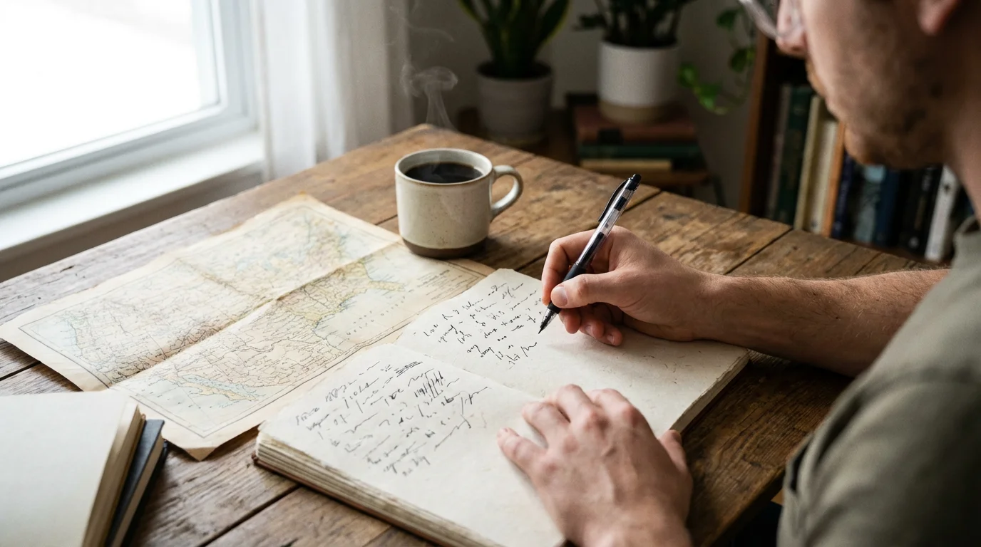 Over-the-shoulder photograph of hands planning a future trip using a notebook and a map.