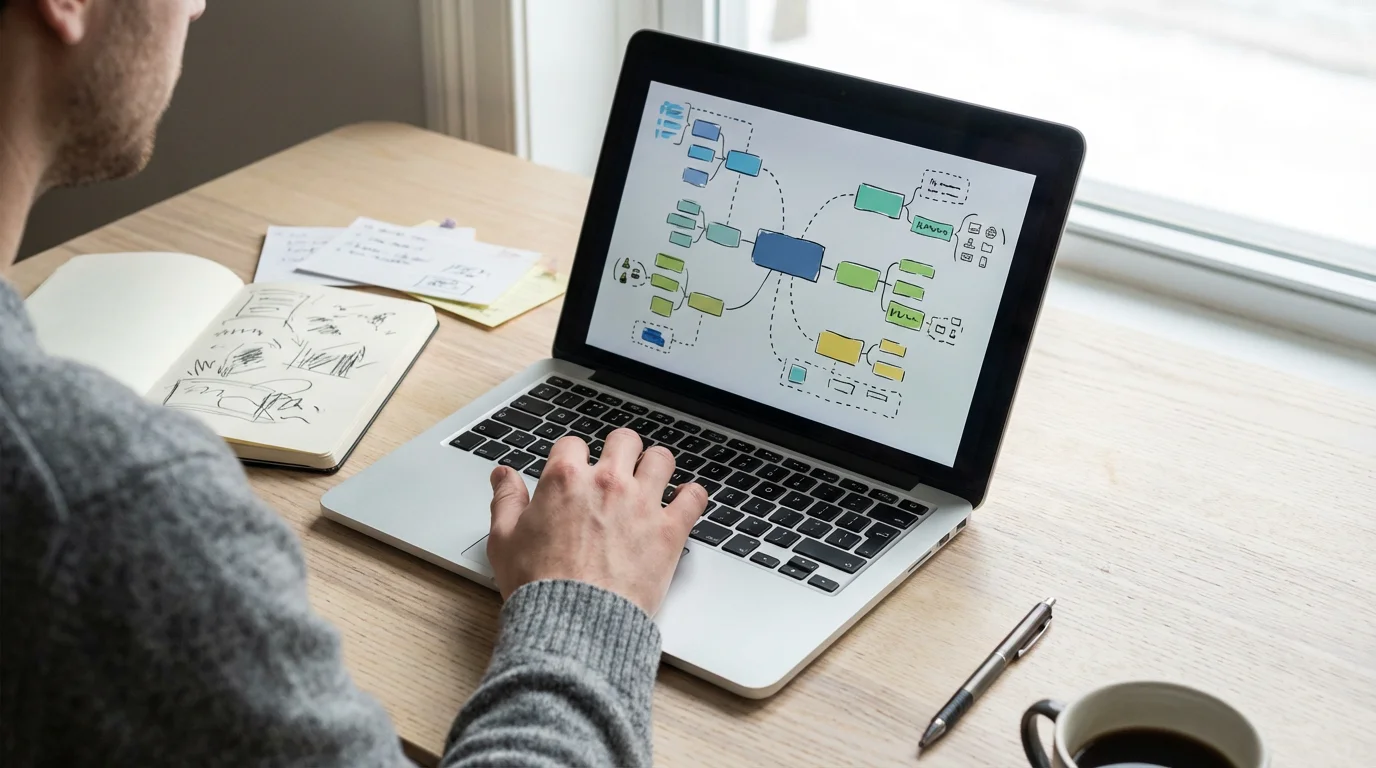 Over-the-shoulder shot of a functional but messy desk with a laptop and scattered brainstorming notes.