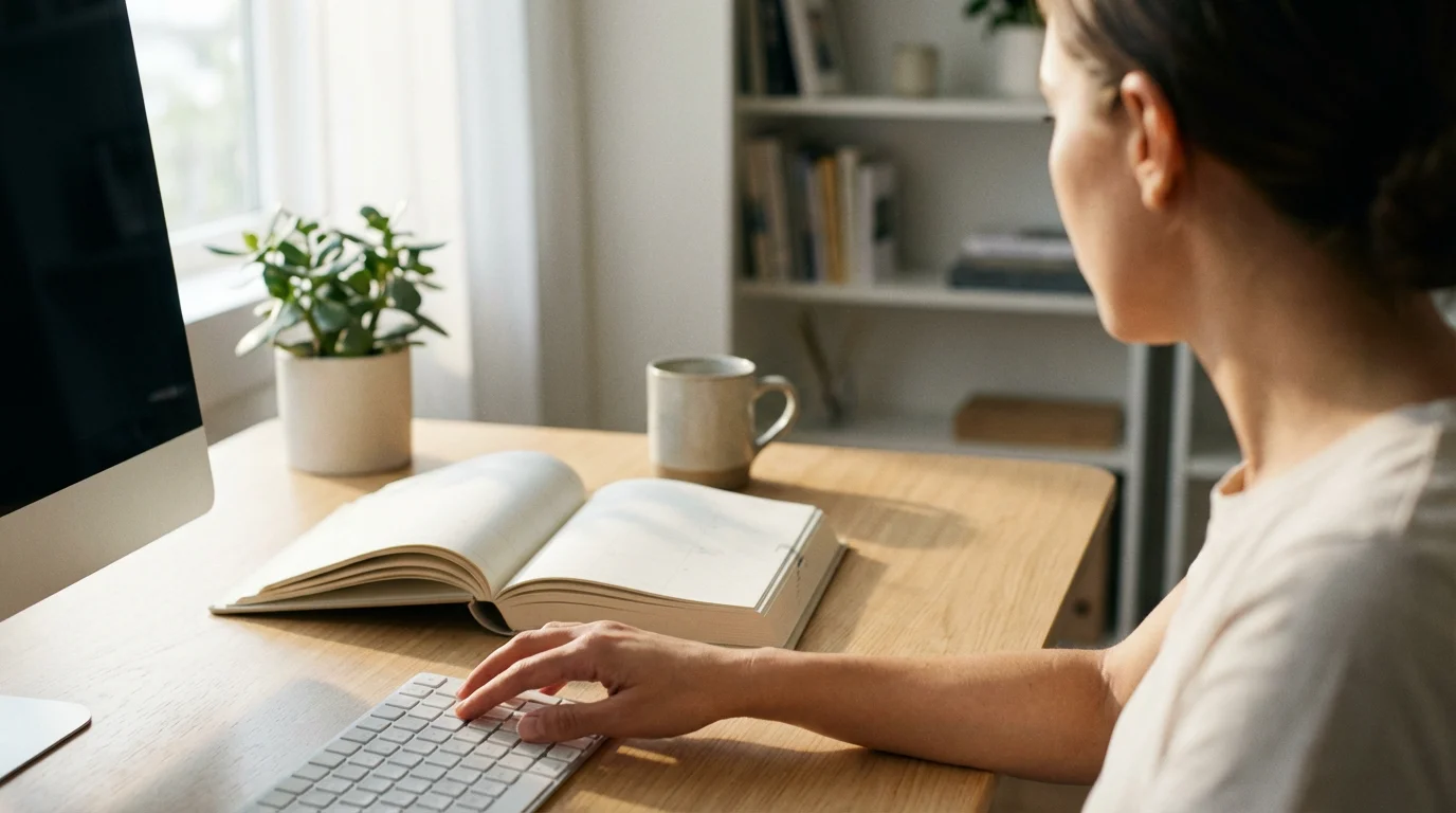 Over-the-shoulder shot of a hand reaching for a reset planner after digital distraction.