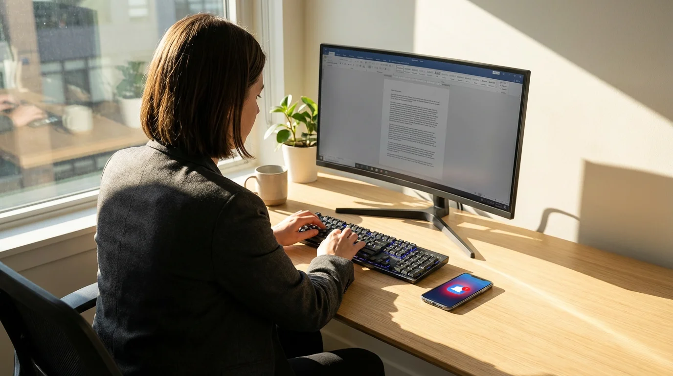Over-the-shoulder shot of a person at a work desk distracted by a glowing smartphone notification.