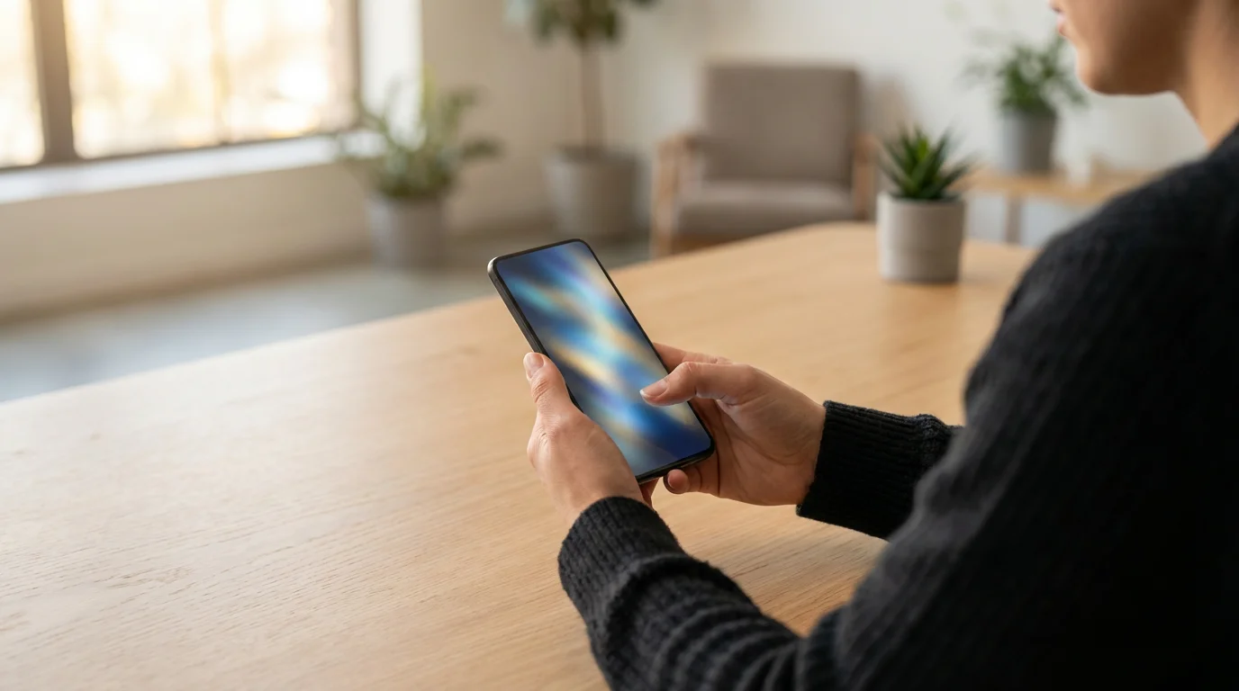 Over-the-shoulder shot of a person communicating boundaries using a smartphone on a clean desk.