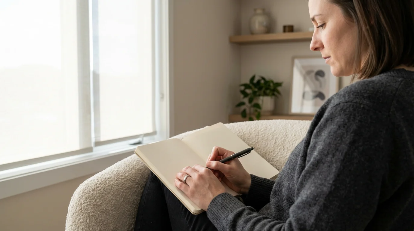 Over-the-shoulder shot of a person intensely journaling for cognitive priming and focus.