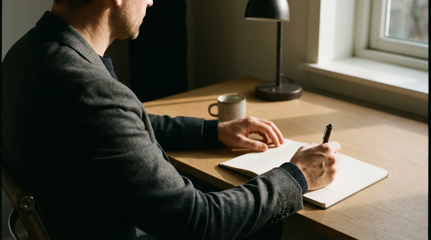 Over-the-shoulder shot of a person planning their schedule at a clean desk under moody light.