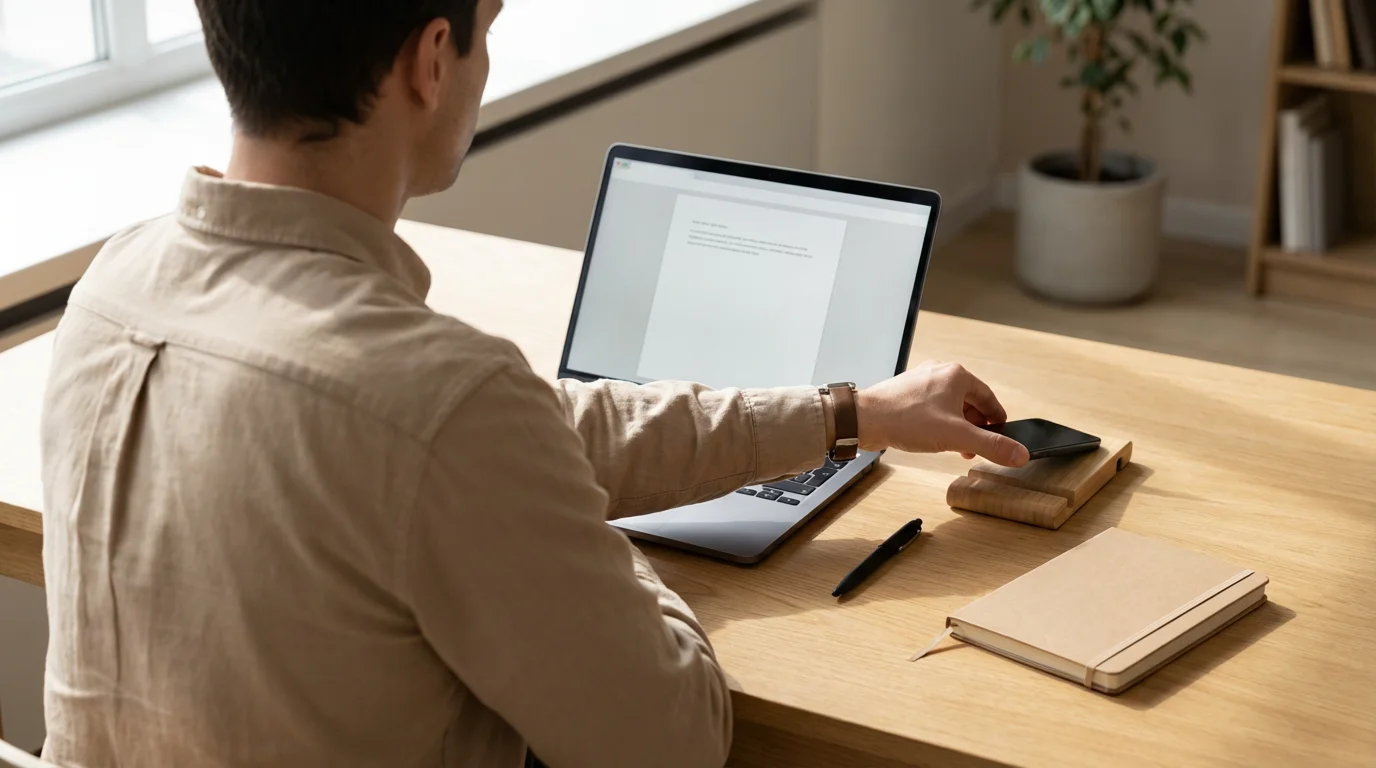 Over-the-shoulder shot of a person setting their smartphone aside before beginning their deep work entry ritual.