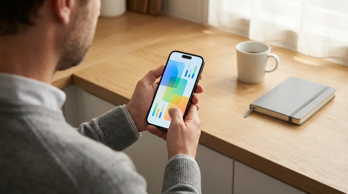 Over-the-shoulder shot of a person setting a digital routine on a smartphone during the morning.