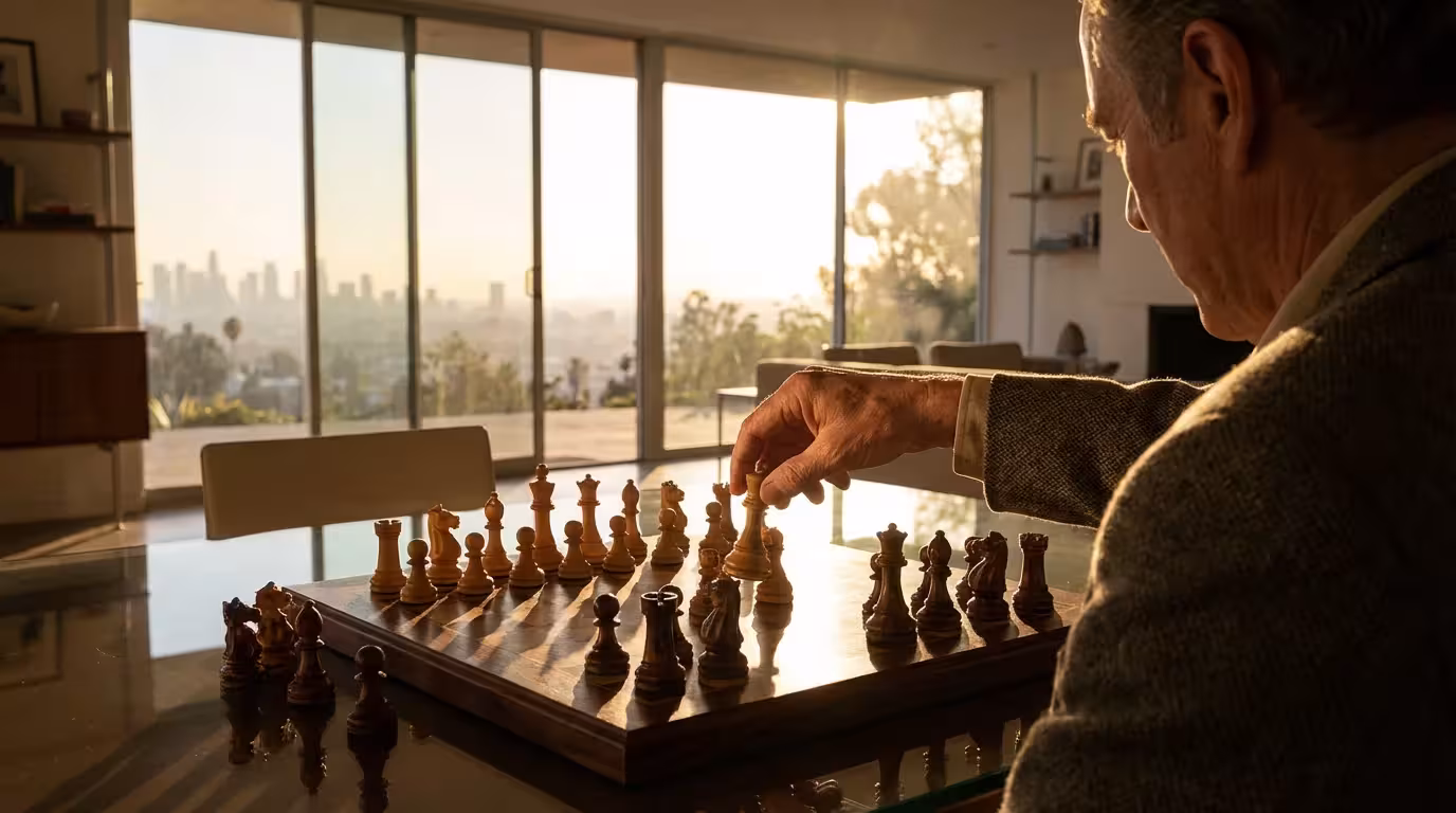 Over-the-shoulder shot of a person studying a chessboard during golden hour.