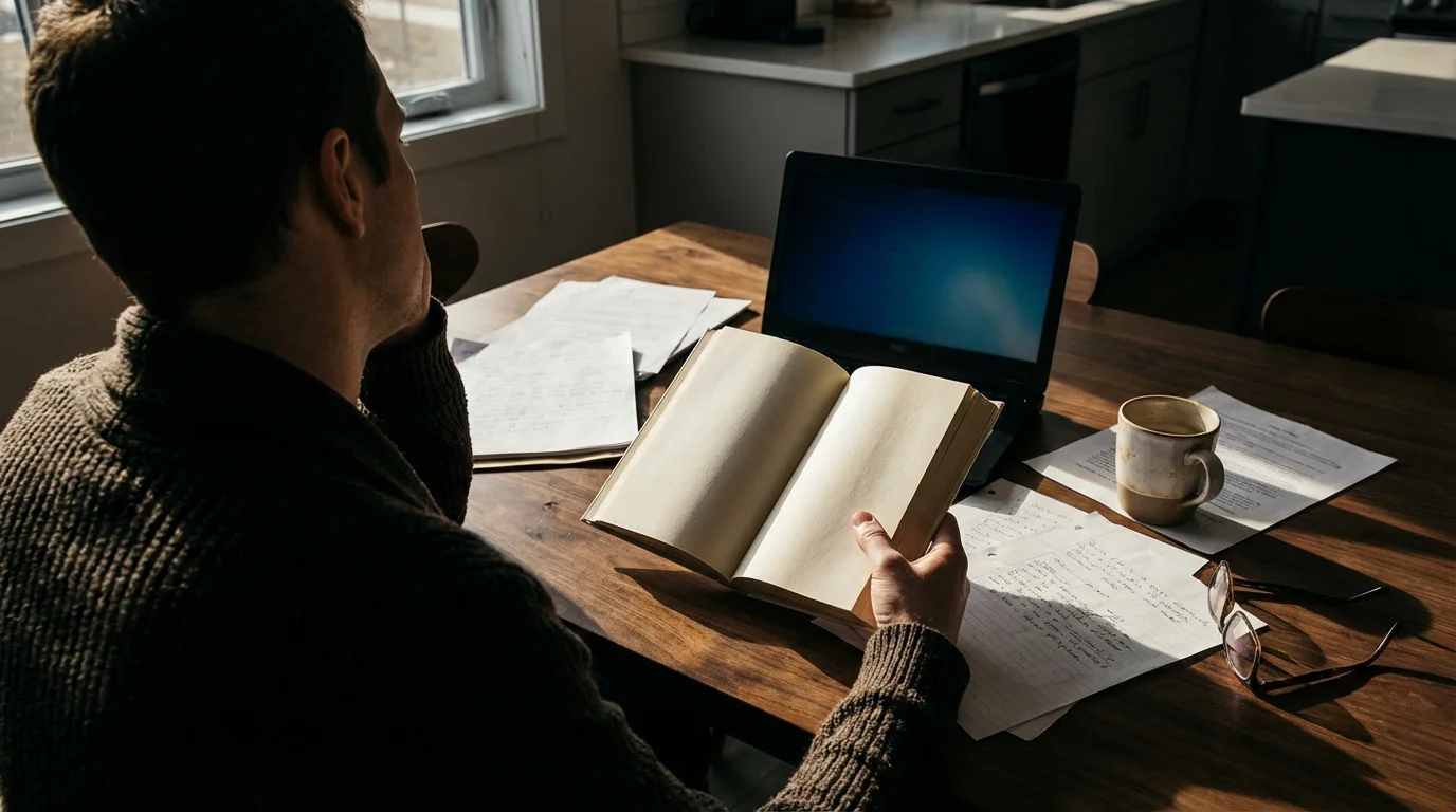 Over-the-shoulder shot of a person trying to read a book near a distracting laptop and paperwork.