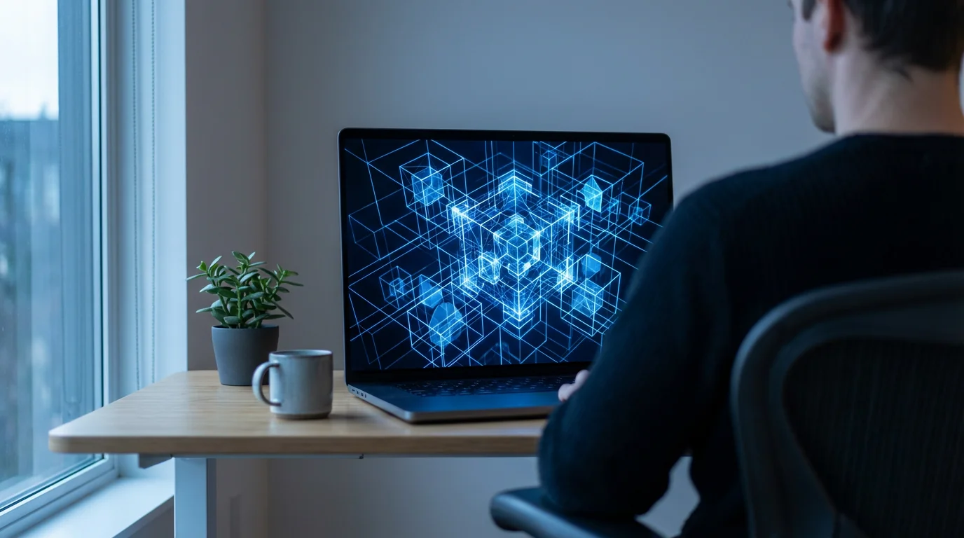 Over-the-shoulder shot of a person viewing complex digital encryption graphics on a laptop screen during blue hour.