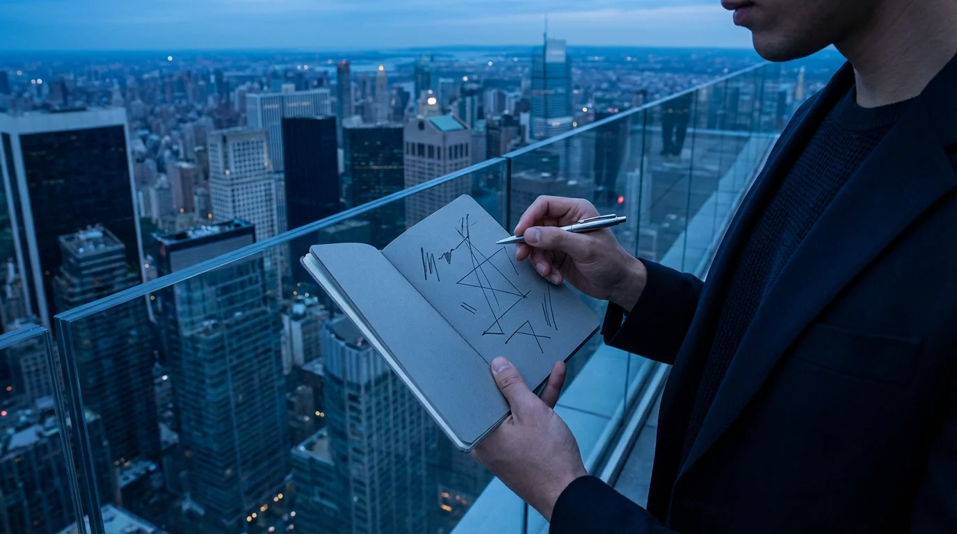 Over-the-shoulder shot of a person writing actionable steps in a planner overlooking a city at blue hour.