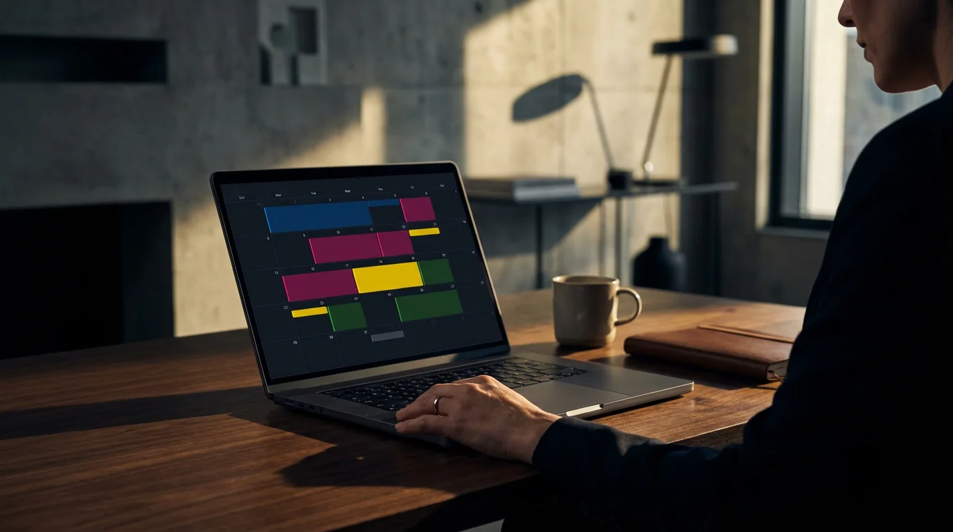 Over-the-shoulder shot of a professional color-coding her digital calendar using distinct color blocks.