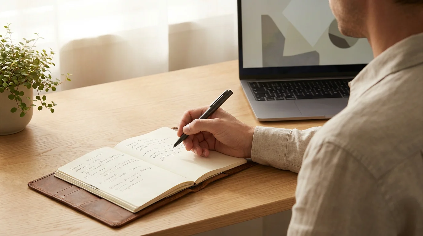 Over-the-shoulder shot of a professional revising a schedule in a planner using soft morning light.