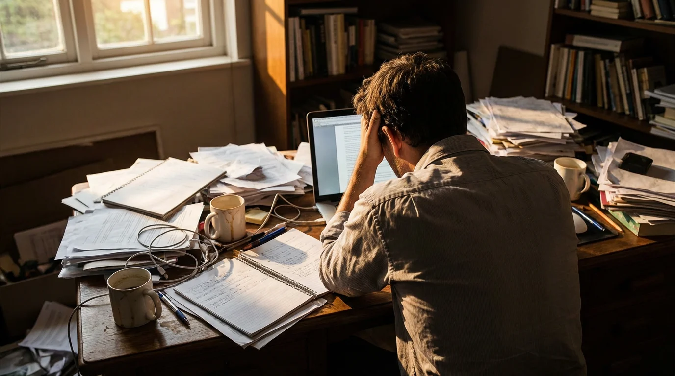 Over-the-shoulder shot of a worker struggling to focus at a severely cluttered home office desk.