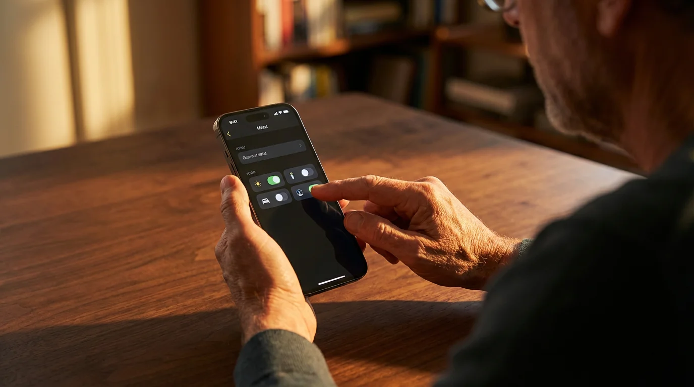 Over-the-shoulder shot of hands muting app notifications on a phone in warm golden hour light.