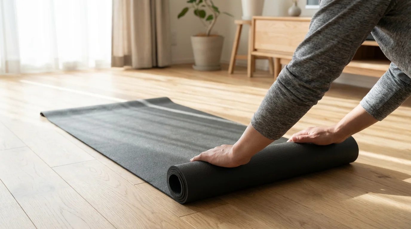 Over-the-shoulder shot of hands unrolling a gray yoga mat on a wood floor in soft morning light.