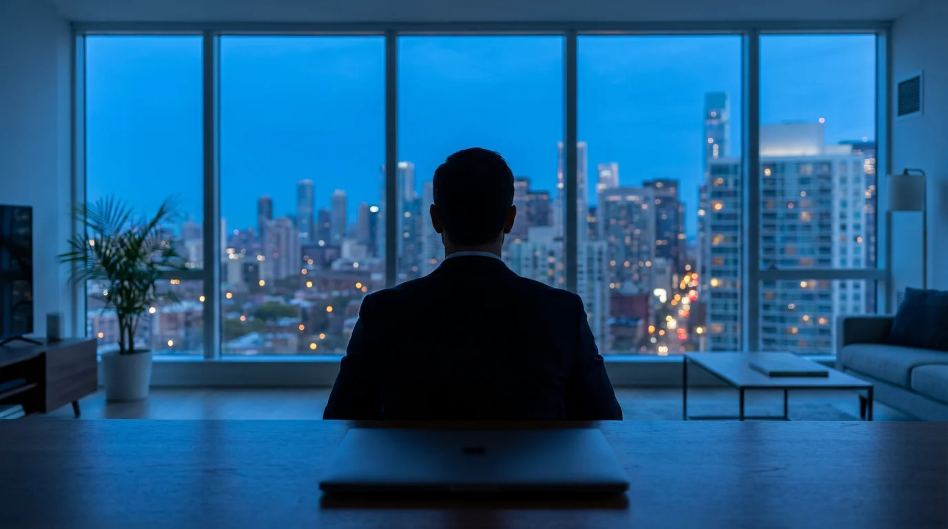 Over-the-shoulder shot of person at desk during blue hour overlooking city evening skyline