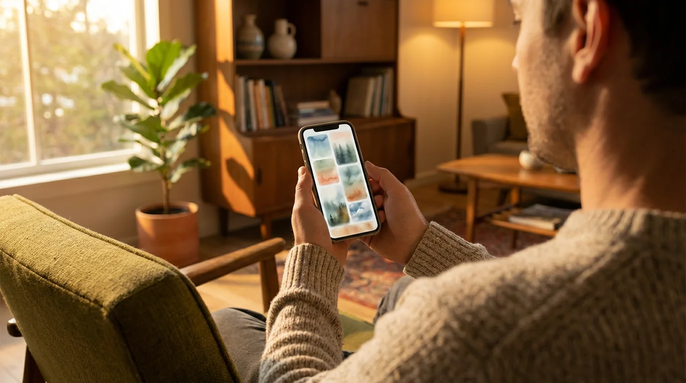 Over-the-shoulder shot of person holding smartphone in sunlit living room curating social feed.