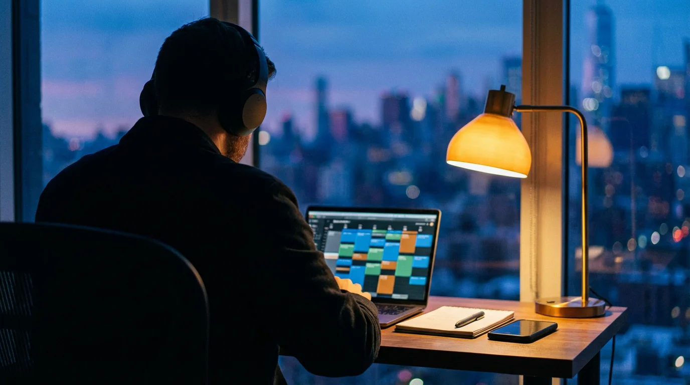 Over-the-shoulder shot of person working at desk during blue hour with headphones and laptop.
