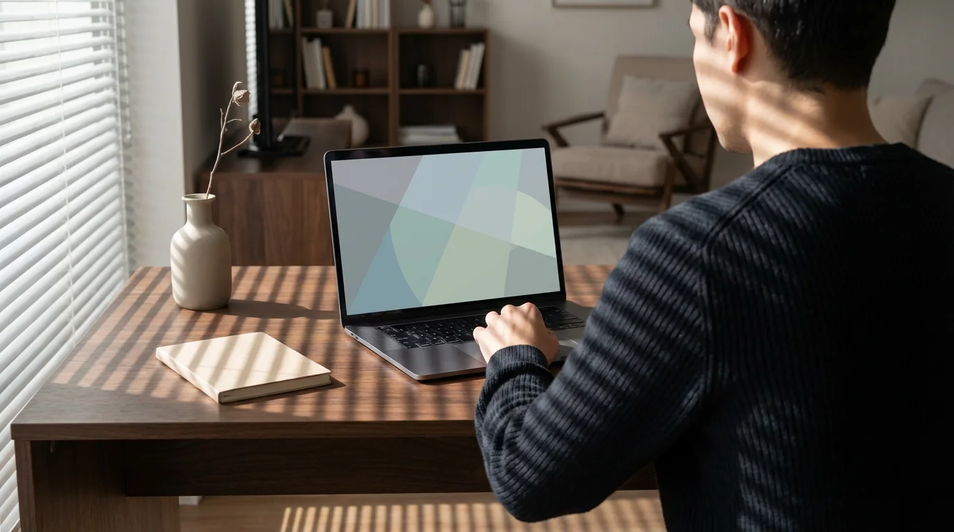 Over-the-shoulder shot of remote worker at home desk with dramatic afternoon shadows.