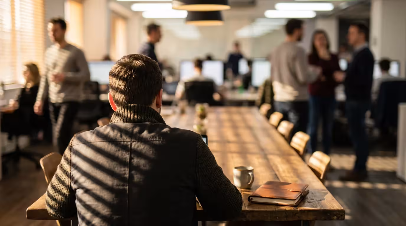 Over-the-shoulder view of a calm professional working in a busy, shadow-filled office.