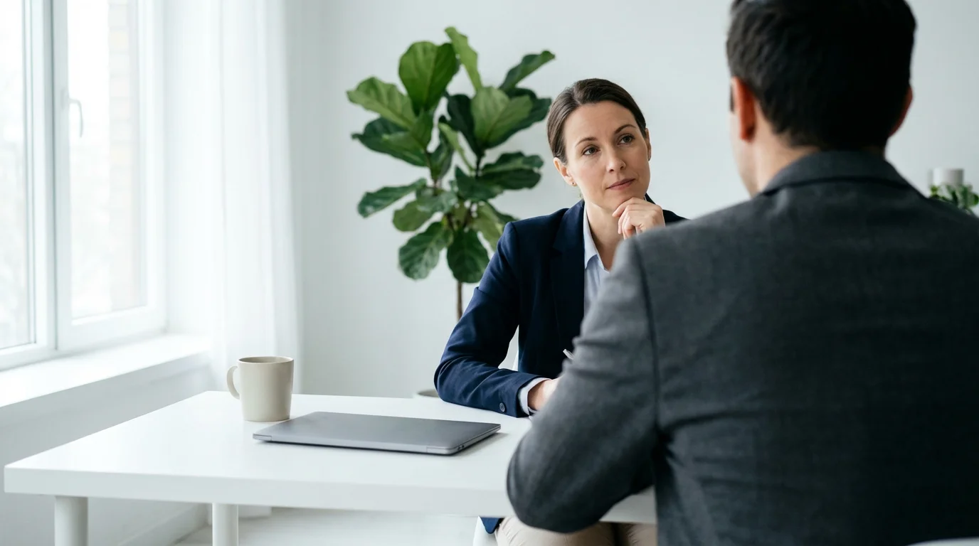 Over-the-shoulder view of a client consulting with a professional in a bright office.