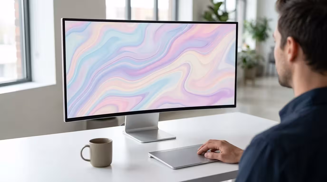 Over-the-shoulder view of a clutter-free computer desktop setup with abstract wallpaper.