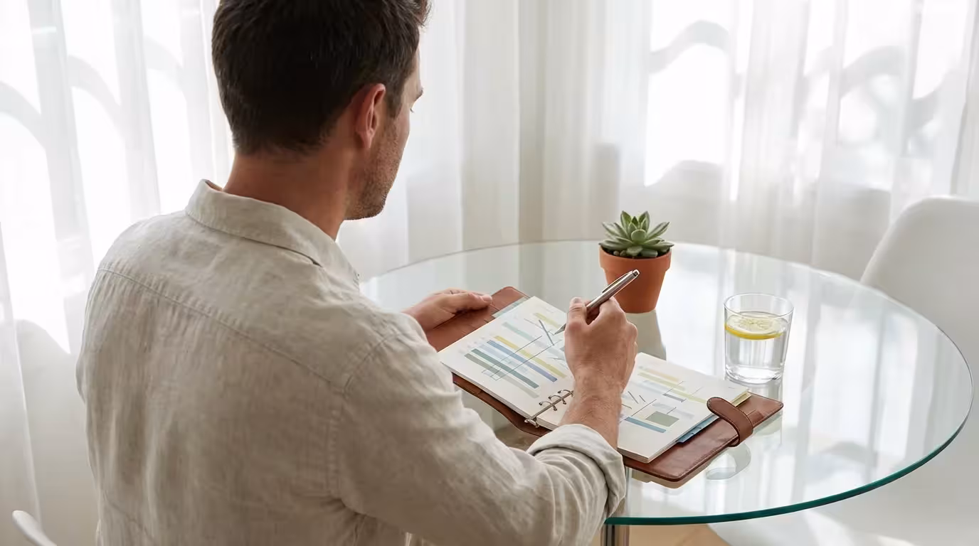 Over-the-shoulder view of a man organizing a planner in bright morning sunlight.