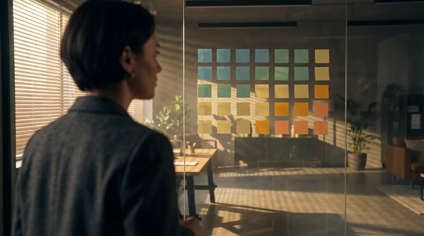 Over-the-shoulder view of a manager observing blank sticky notes on a glass office wall.