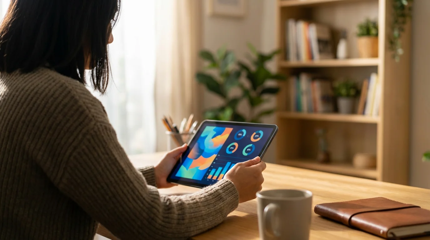 Over-the-shoulder view of a person analyzing abstract data charts on a tablet in a home office.