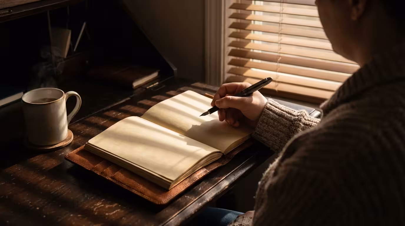 Over-the-shoulder view of a person at a desk with moody afternoon shadow lighting.