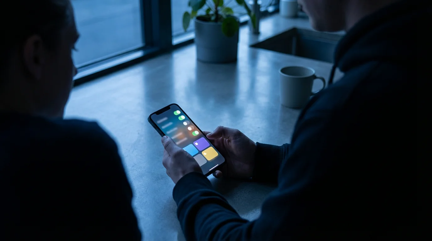 Over-the-shoulder view of a person auditing distracting phone notification settings during blue hour.