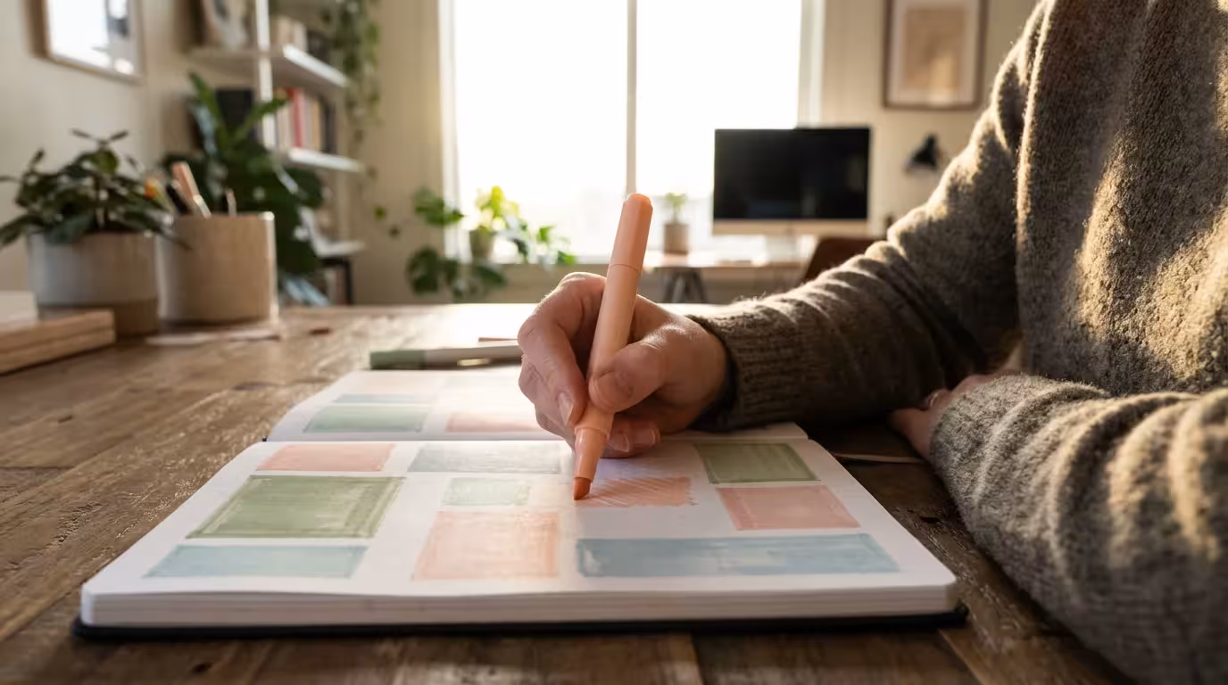 Over-the-shoulder view of a person color-blocking time segments in a planner without text
