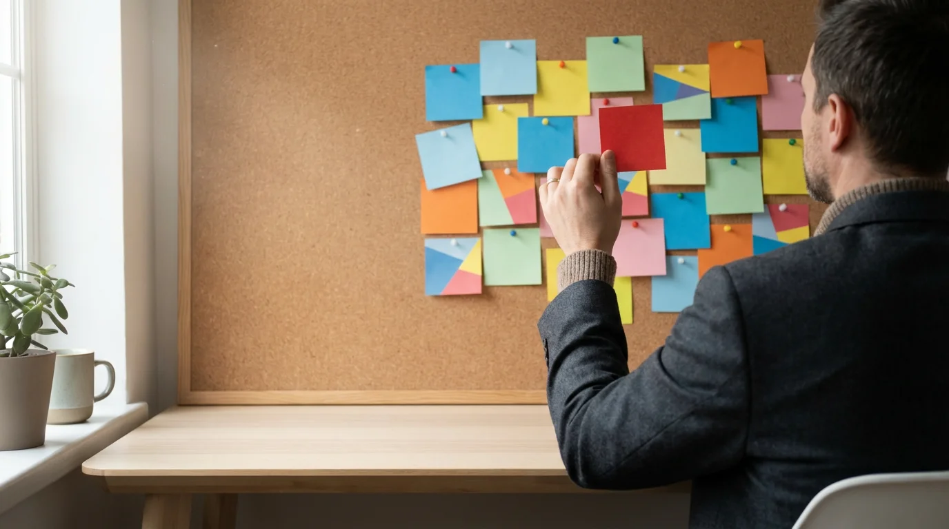 Over-the-shoulder view of a person organizing blank colorful notes on a corkboard.