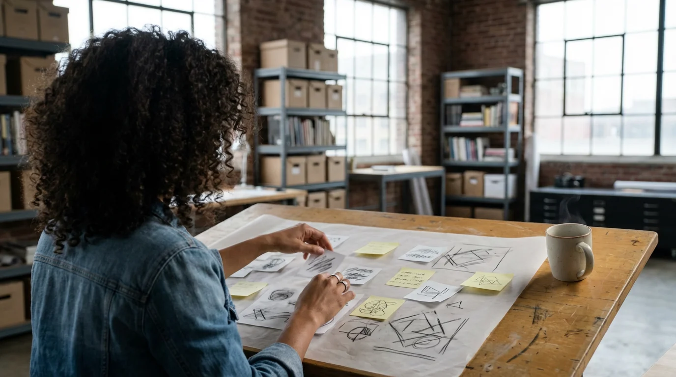 Over-the-shoulder view of a person organizing abstract notes on a wooden desk.