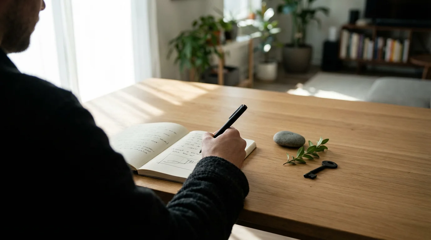 Over-the-shoulder view of a person planning three initial steps for boosting motivation.