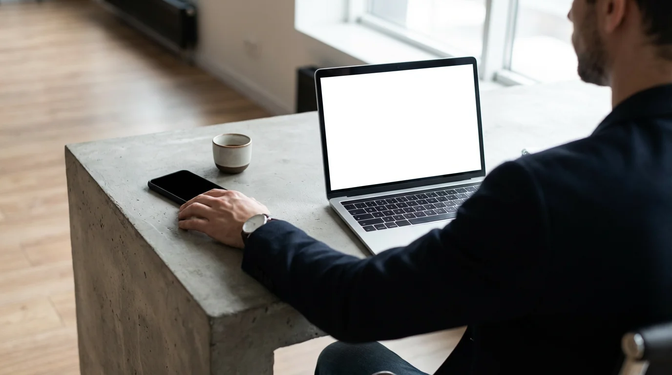Over-the-shoulder view of a person putting a smartphone away to begin focused deep work.