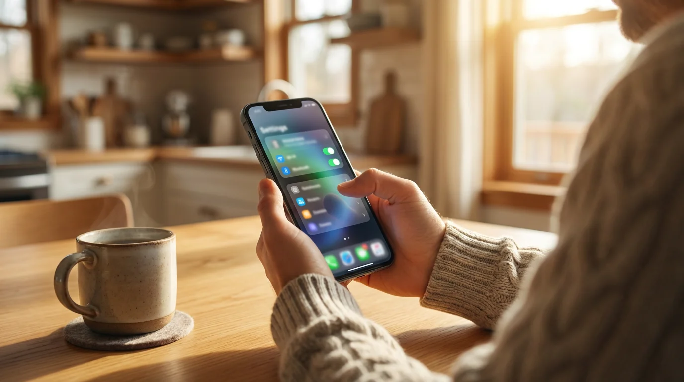 Over-the-shoulder view of a person reviewing smartphone settings at a table with morning coffee.