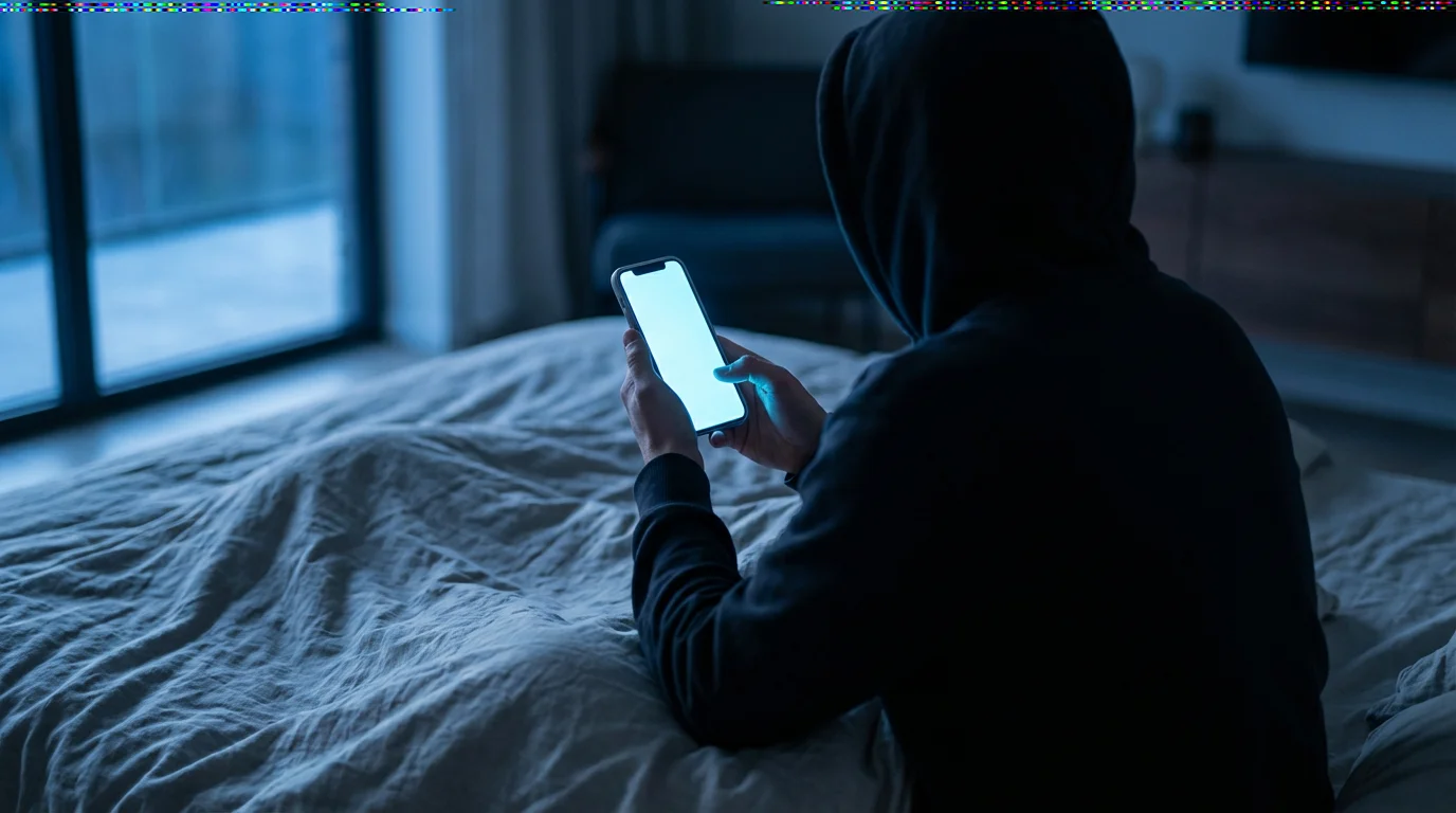 Over-the-shoulder view of a person scrolling a smartphone in bed during blue hour lighting.