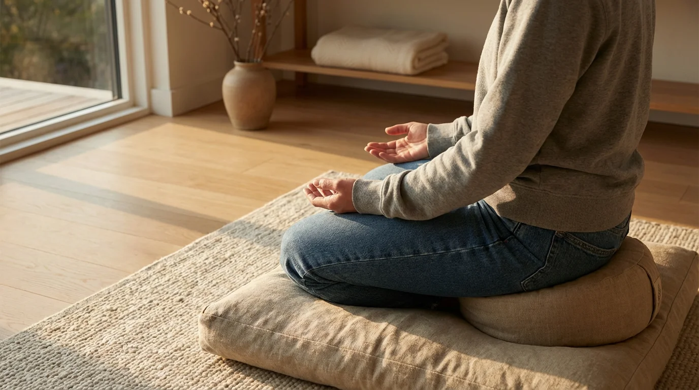 Over-the-shoulder view of a person starting a small, easy habit, sitting in warm golden hour light.