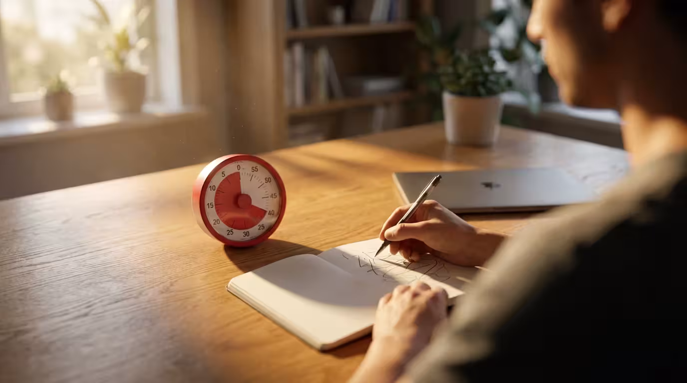 Over-the-shoulder view of a person using a visual timer at a desk.