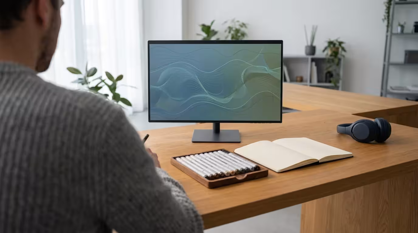 Over-the-shoulder view of a person working at a desk with digital and analog tools.