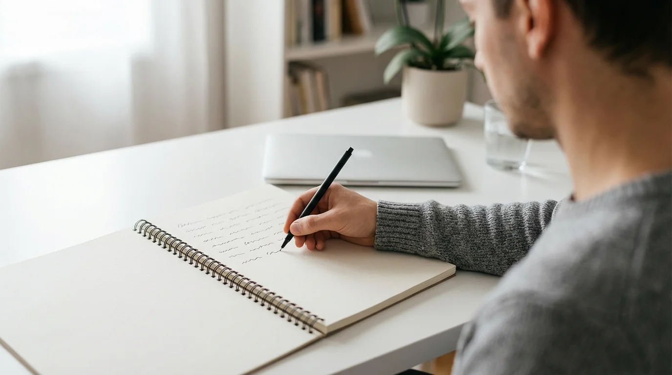Over-the-shoulder view of a person writing in a planner at a sunny desk.