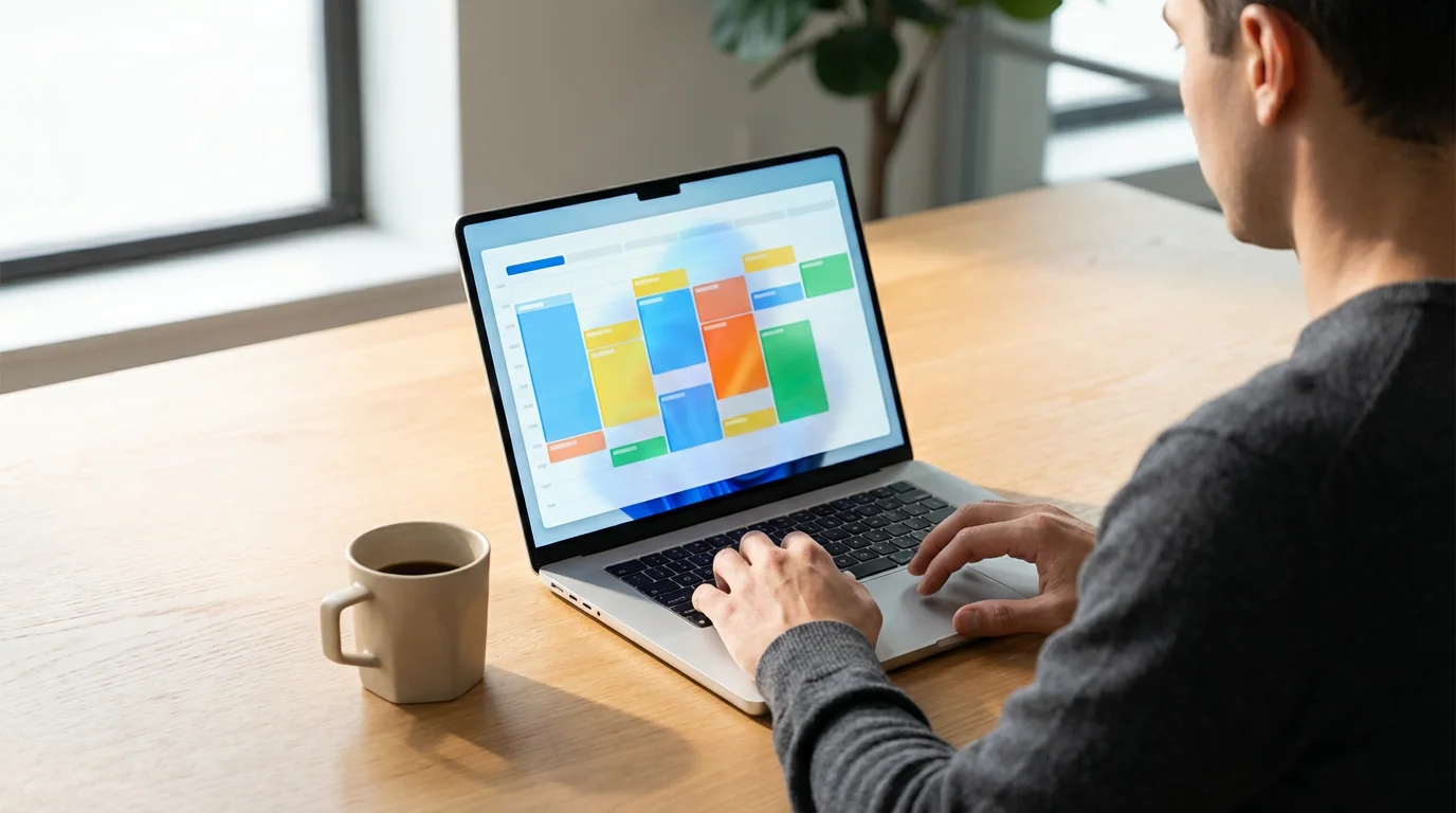 Over-the-shoulder view of a professional using timeboxing techniques on a digital calendar.