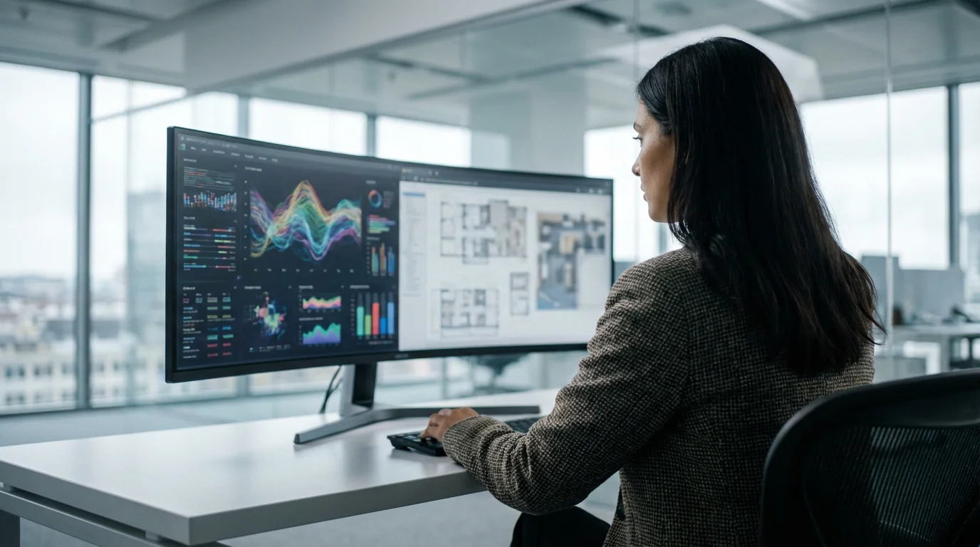 Over-the-shoulder view of a professional focusing on a computer screen in a bright office.