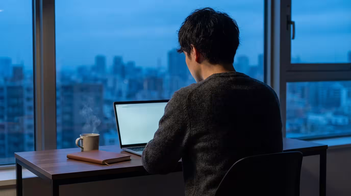 Over-the-shoulder view of a professional at a desk during cool blue hour lighting.