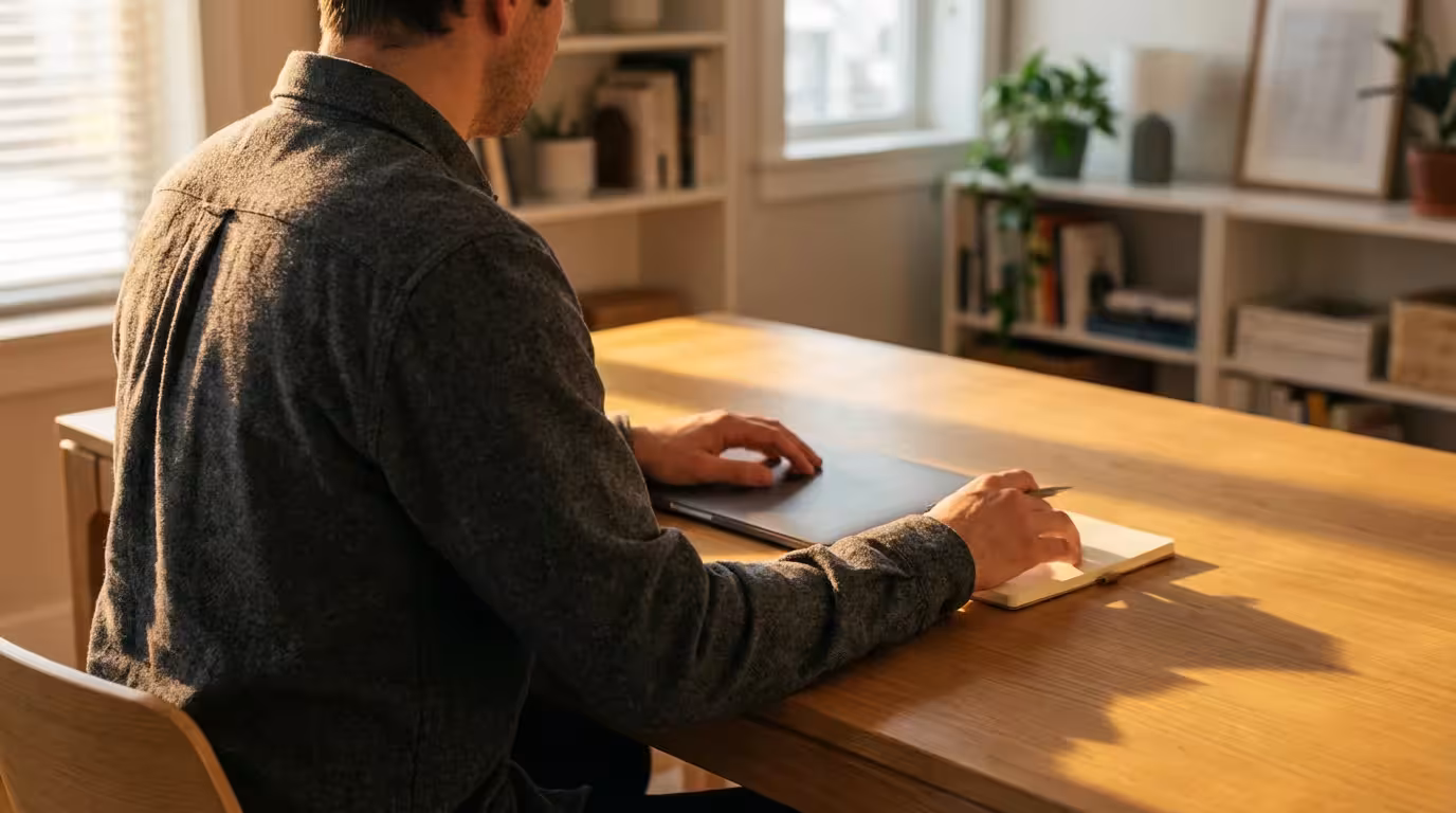 Over-the-shoulder view of a tidy minimalist desk illuminated by warm golden hour sunlight.