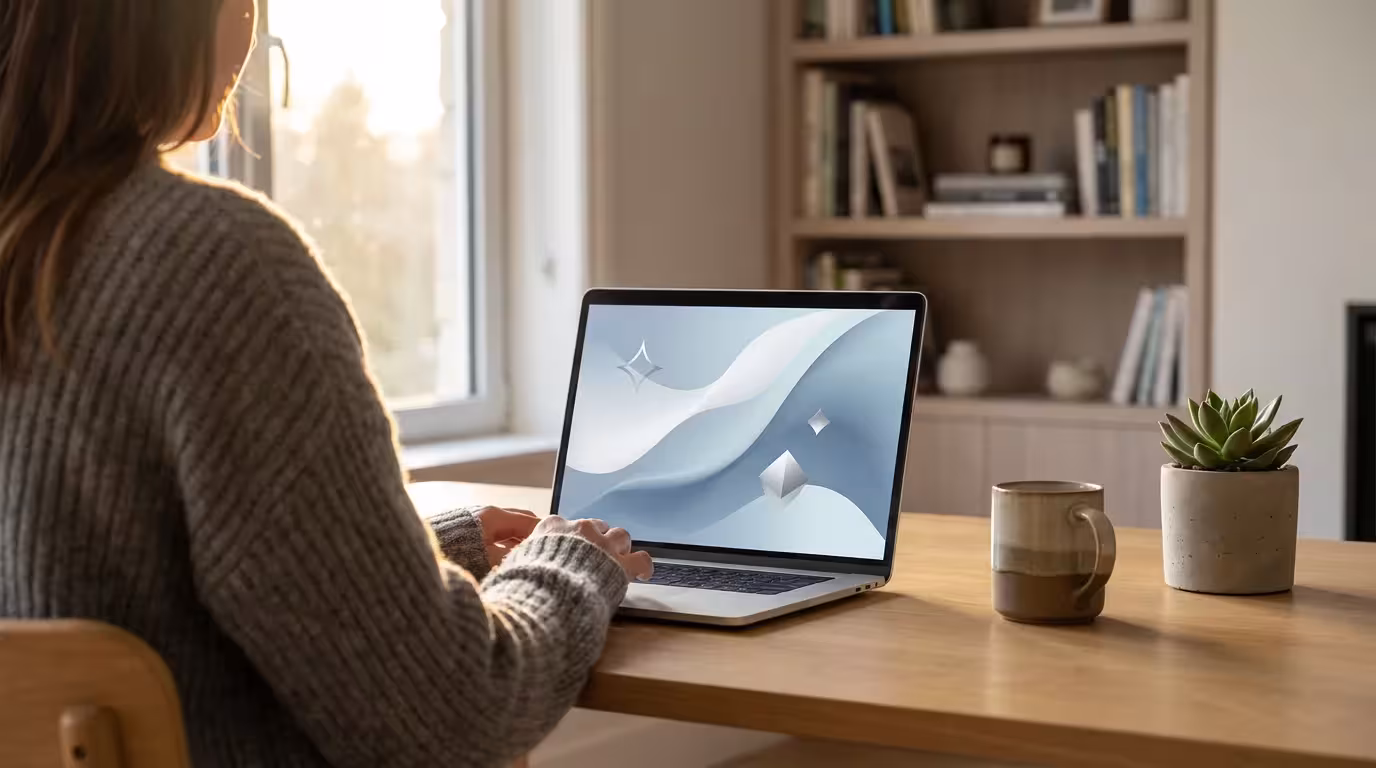 Over-the-shoulder view of a tidy workspace and laptop screen in soft morning light.