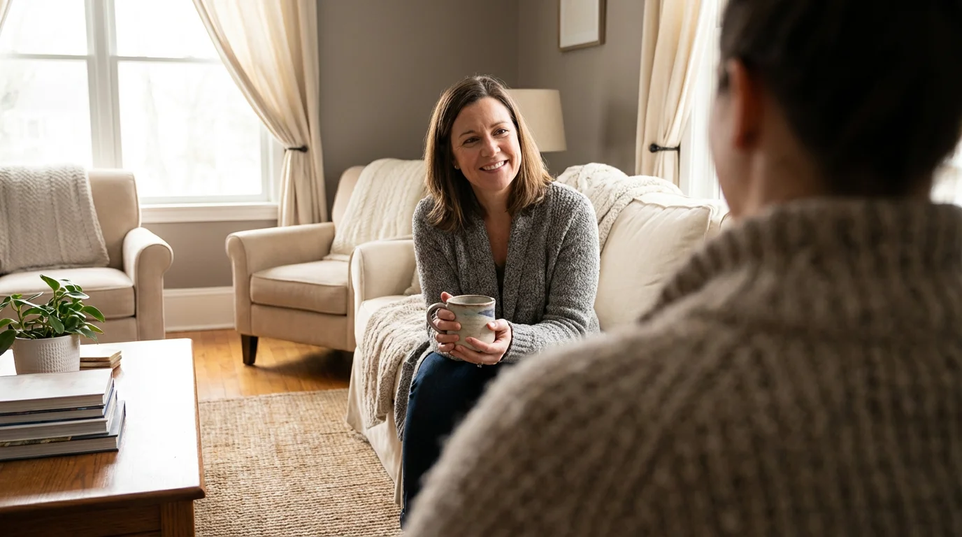 Over-the-shoulder view of a woman smiling empathetically at a friend during a conversation.