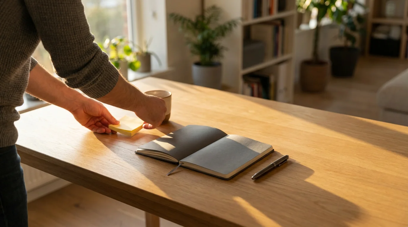 Over-the-shoulder view of hands clearing a minimalist wooden desk for foundational planning during golden hour.