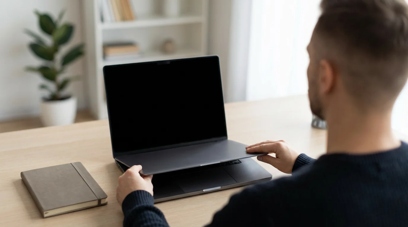 Over-the-shoulder view of hands gently closing a laptop after completing the workday shutdown ritual.